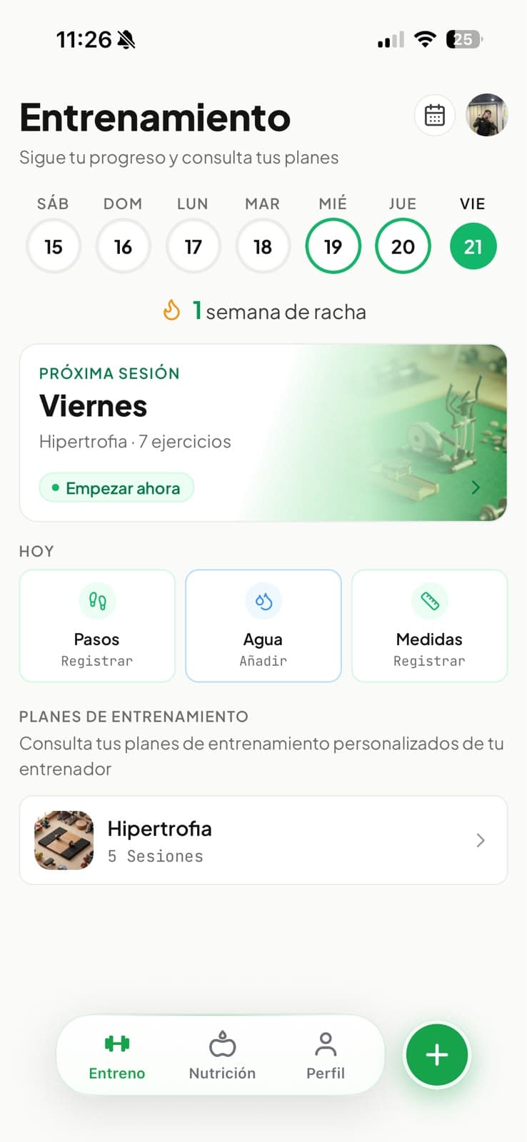 Pantalla de entrenamiento con plan del día y rachas